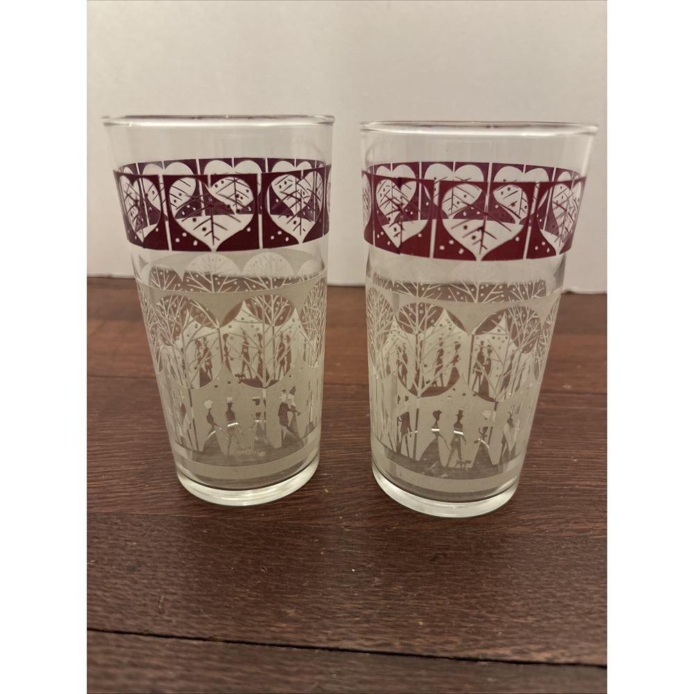 1950s 2 Glass Tumblers A Stroll In The‎ Park White Plum Purple 10 oz Vintage EUC